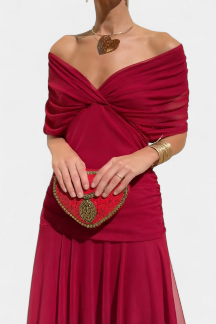 Women's off-shoulder maxi dress, elegant formal evening wear. Perfect long gown for special occasion parties.