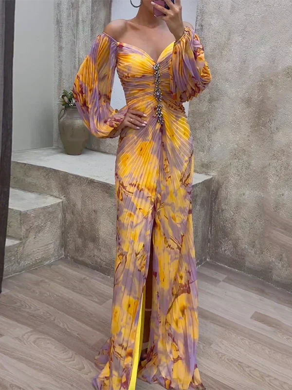 Elegant women's off-shoulder maxi wedding guest dress with beautiful watercolor print. Perfect for formal special occasions.