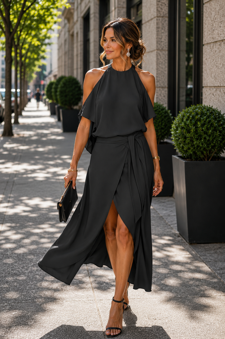 Fashionable women's off-shoulder evening gown; elegant midi dress with unique asymmetrical hem design.