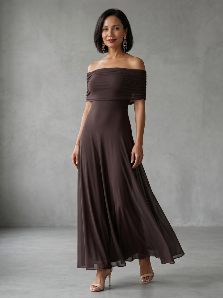 Elegant women's off-shoulder midi dress with draped bodice, perfect for formal events & cocktail parties.