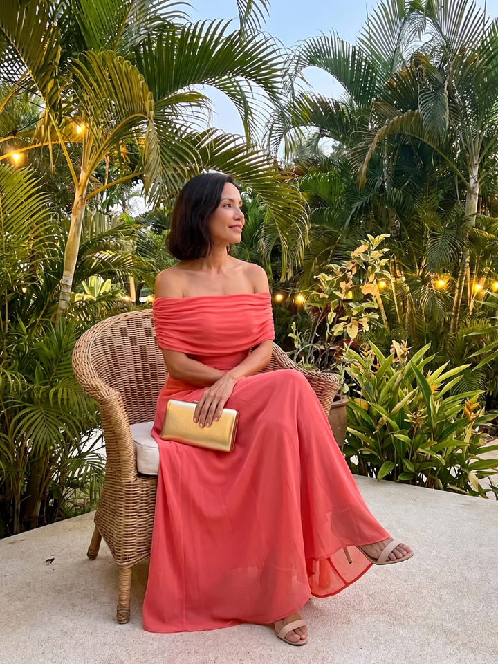 Draped bodice off-shoulder midi dress, elegant brown style. Women's formal wear for sophisticated events.