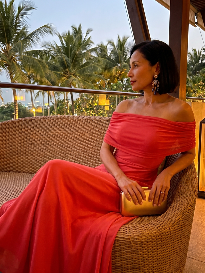 Coral pink elegant off-shoulder midi dress, draped bodice. Women's cocktail party & wedding guest dress.