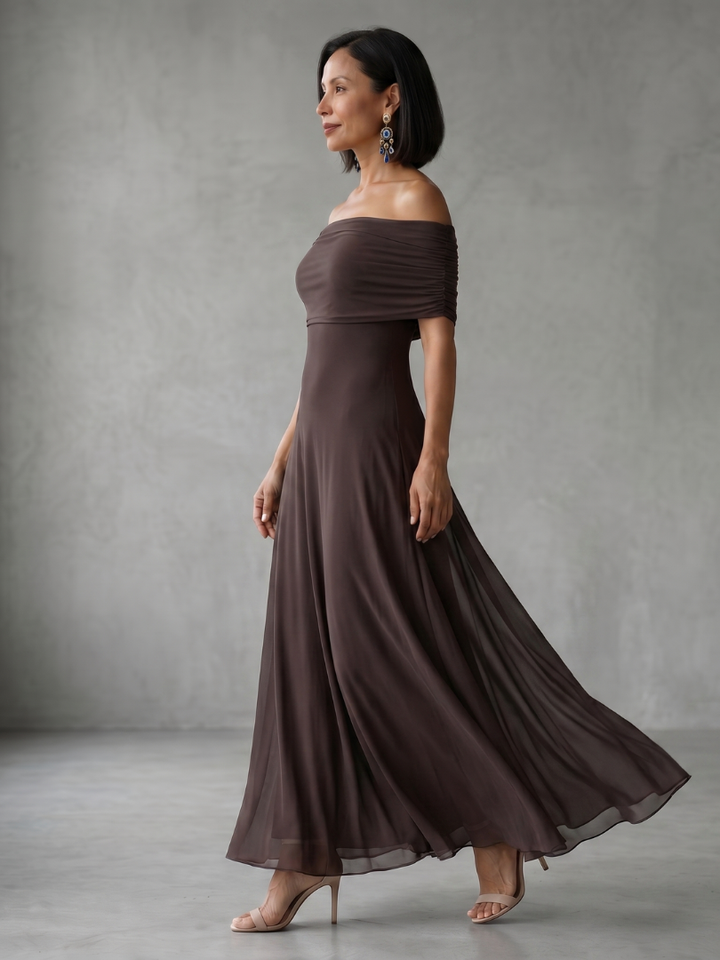 Brown elegant off-shoulder midi dress, draped bodice. Ideal women's formal wear for special occasions.