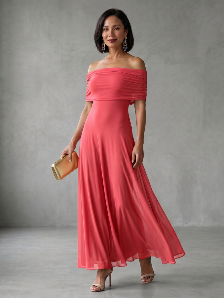 Women's elegant off-shoulder midi dress featuring a chic draped bodice, ideal for cocktail parties.
