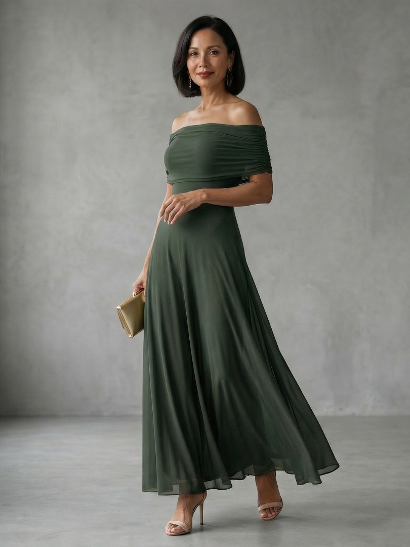 Stylish women's elegant midi dress in brown, off-shoulder neckline & draped bodice. Formal evening wear.
