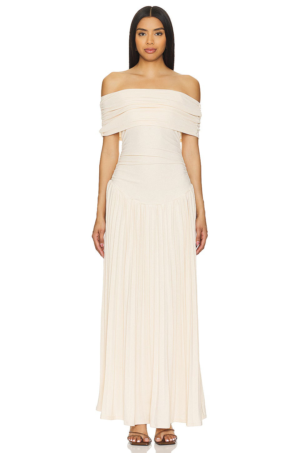 Navy off-shoulder pleated maxi dress, a sophisticated women's evening gown.