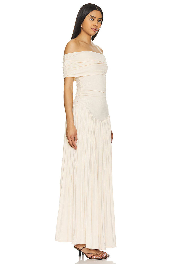Cream women's off-shoulder pleated maxi dress. Perfect for wedding guests and celebrations.