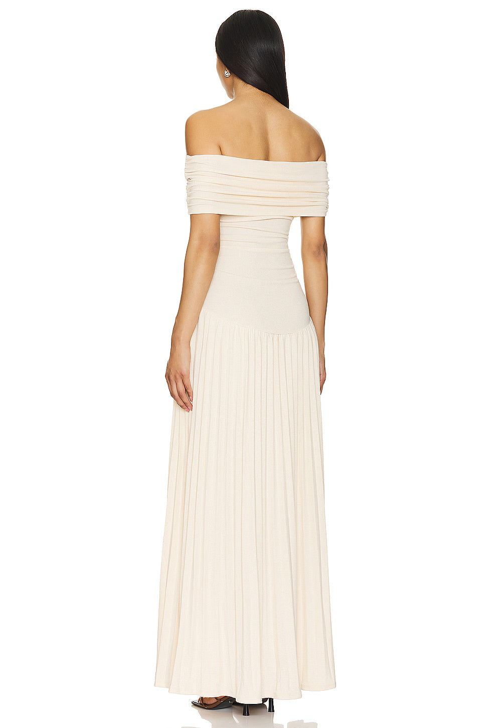 Elegant sky blue pleated off-shoulder maxi dress. A stunning choice for formal events.