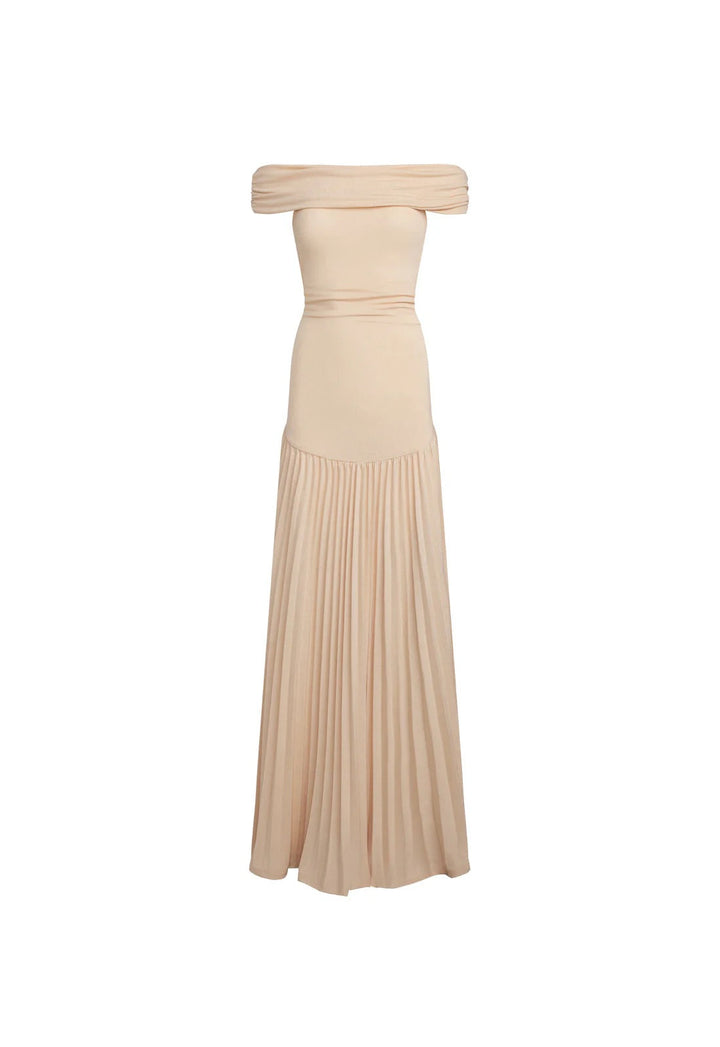 Navy off-shoulder pleated maxi dress. Versatile and chic for any special occasion.