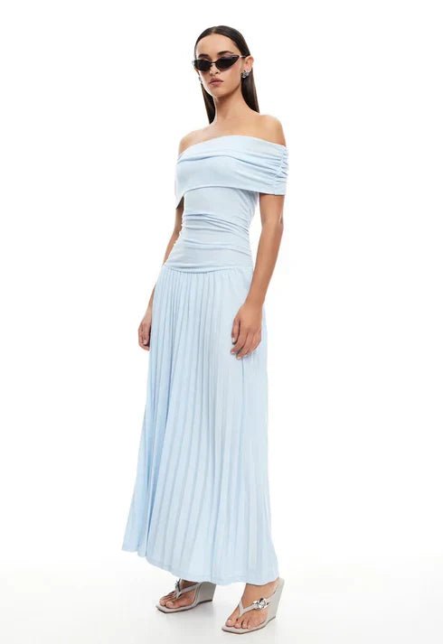 Women's formal off-shoulder pleated maxi dress in cream. Perfect for weddings.