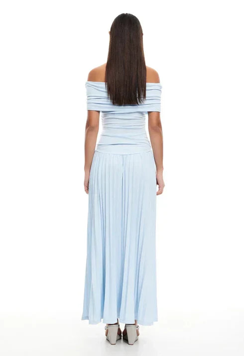 Sky blue off-shoulder pleated maxi dress. Beautifully designed for wedding guests.