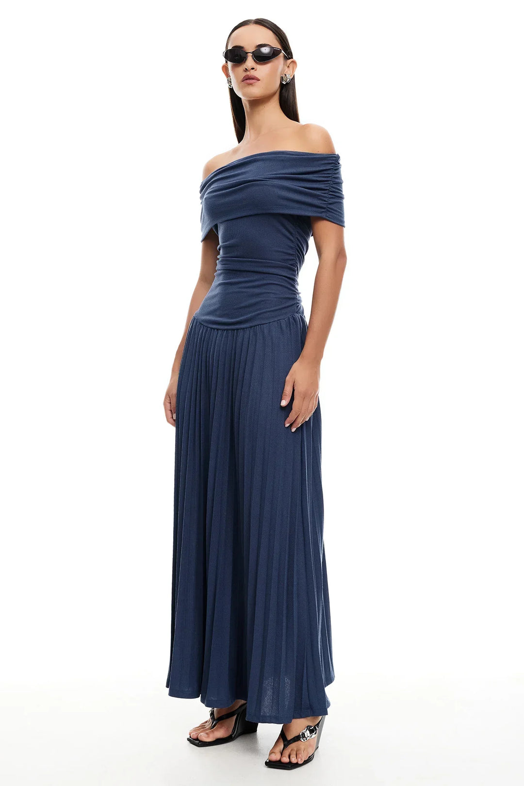 Navy off-shoulder pleated maxi dress, an elegant choice for women's evening wear.