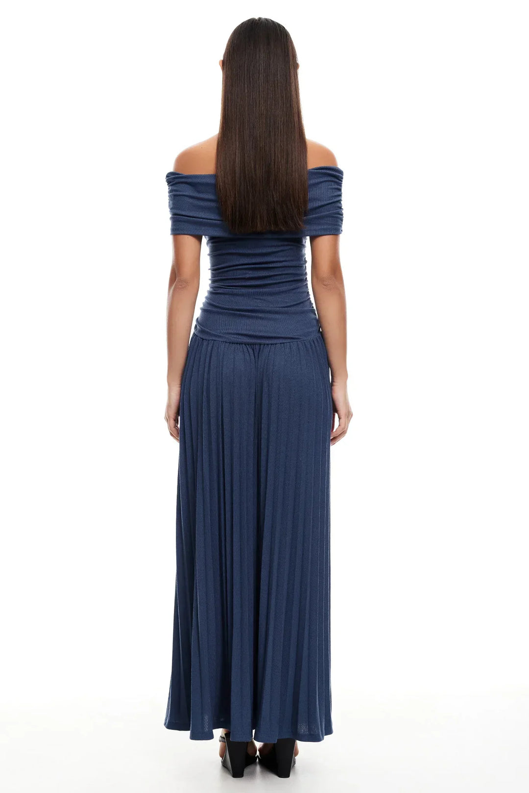 Cream off-shoulder pleated maxi dress for women. Ideal for formal events & parties.