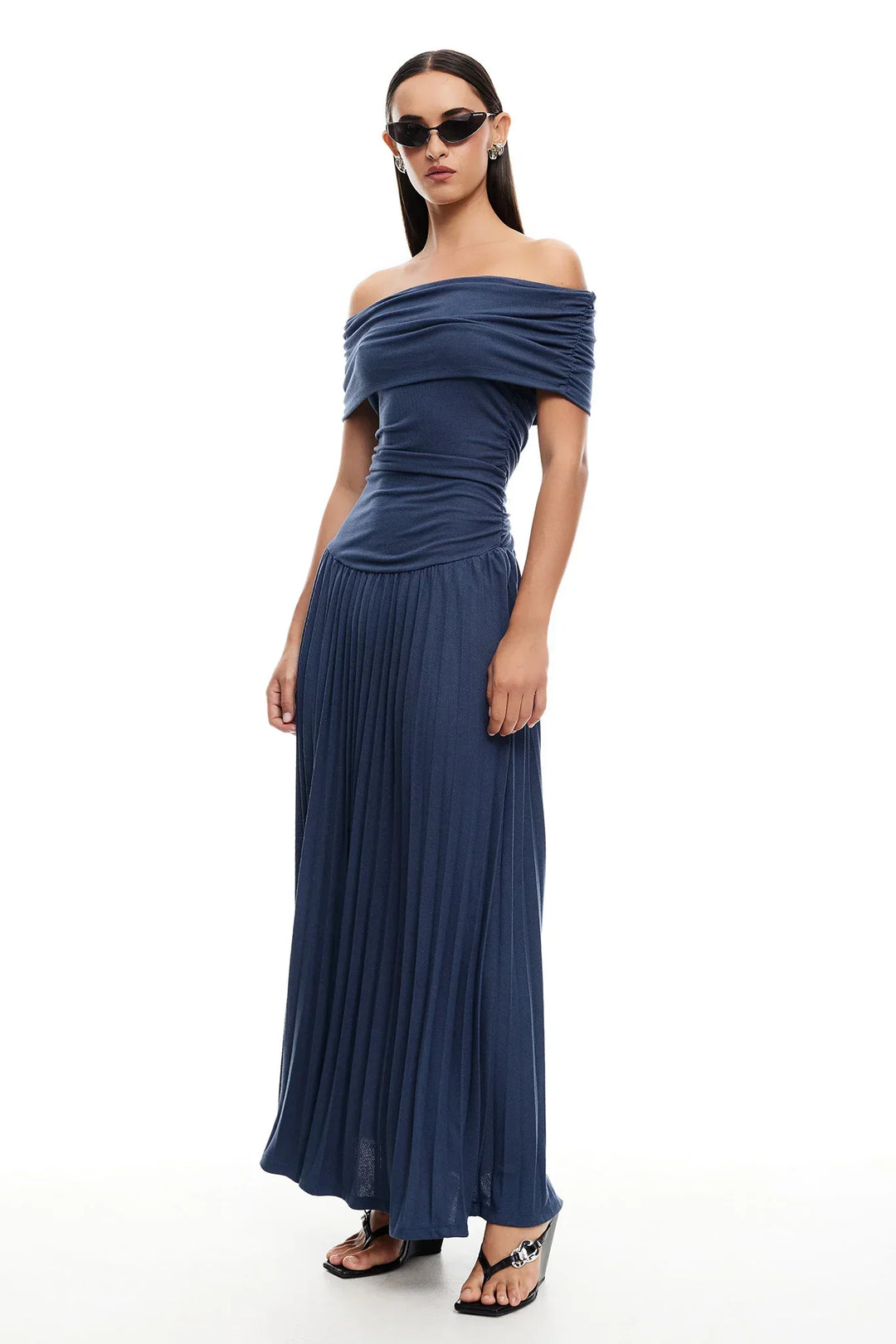 Stunning sky blue off-shoulder pleated maxi dress. A beautiful choice for wedding guests.