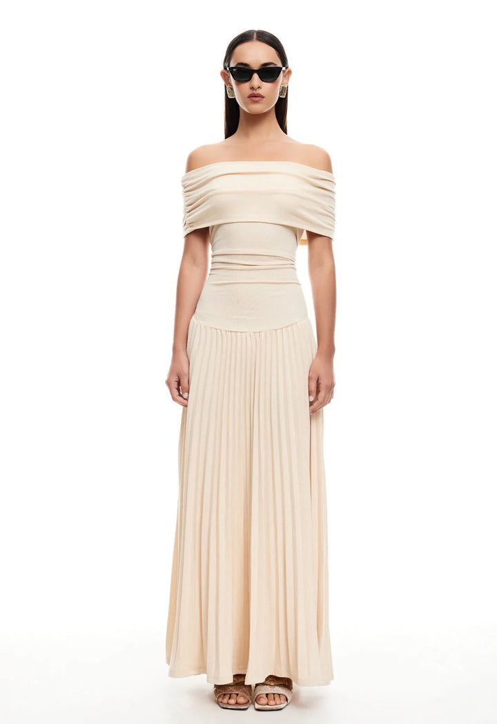 Sky blue pleated off-shoulder maxi dress. Flattering for wedding guests and formal parties.