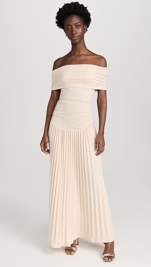 Beautiful sky blue off-shoulder pleated maxi dress. Ideal for formal parties & evening wear.