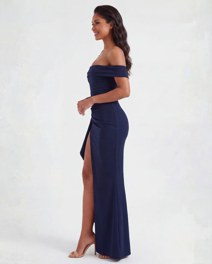 Beautiful women's off-shoulder ruched bodycon maxi dress. An elegant choice for evening galas & parties.