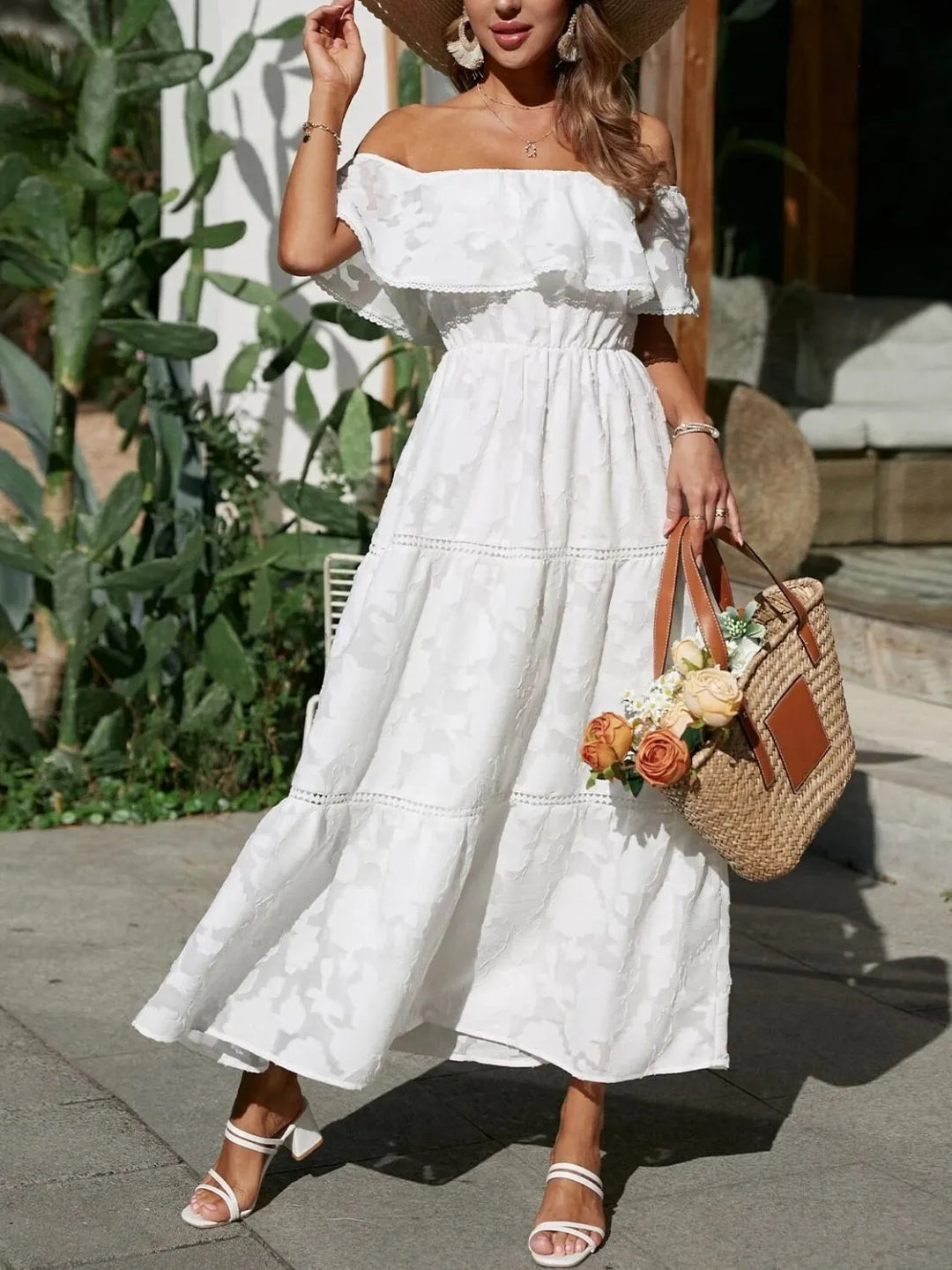 Elegant women's off-shoulder ruffle maxi dress, perfect for wedding guests & formal events.