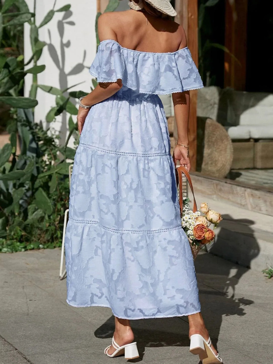 Chic off-shoulder ruffle maxi dress, perfect elegant formal dress for wedding guests or evening events.
