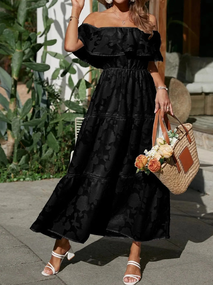 Elegant off-shoulder ruffle maxi dress with lace accents, a sophisticated choice for formal evening events.