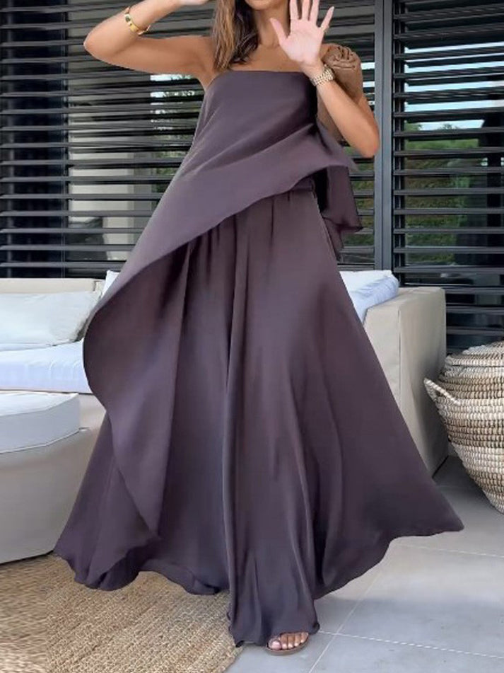 Chic women's two-piece set featuring an off-shoulder top and flowy maxi skirt. Versatile for casual or elegant wear.