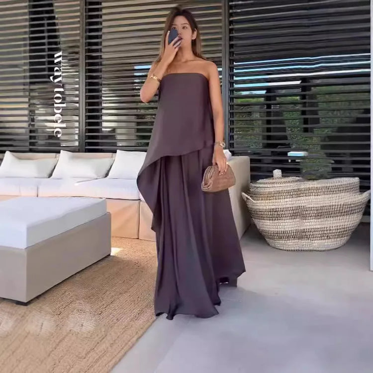 Women's off-shoulder blouse and long maxi skirt matching set. Ideal elegant summer outfit or spring vacation wear.