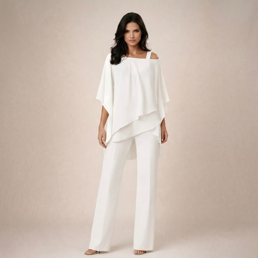 Elegant women's off-shoulder top & wide-leg pants matching set. Chic two-piece coordinated outfit for summer fashion.