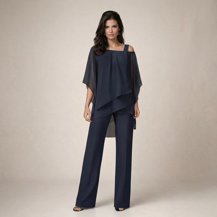 Fashionable women's off-shoulder top from a two-piece wide-leg pants matching set. A comfortable & coordinated outfit.