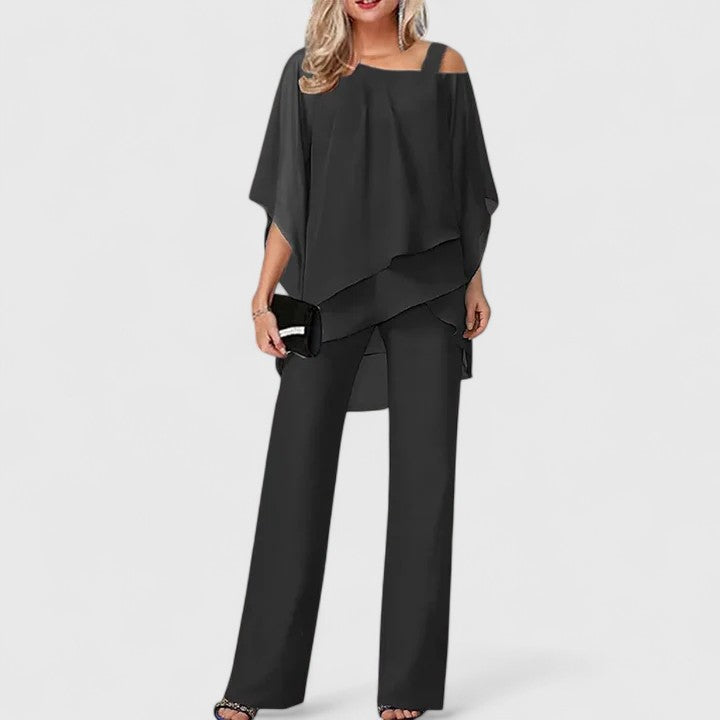 Stylish women's formal two-piece set featuring a sophisticated off-shoulder cape top and flowing wide-leg pants.