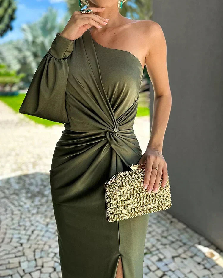 Chic olive formal maxi wedding guest dress with one shoulder and elegant draped sleeve detail.
