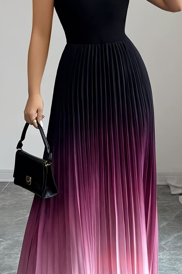 Stylish pleated ombre maxi dress with a sophisticated halter neck and keyhole accent for women's evening wear.
