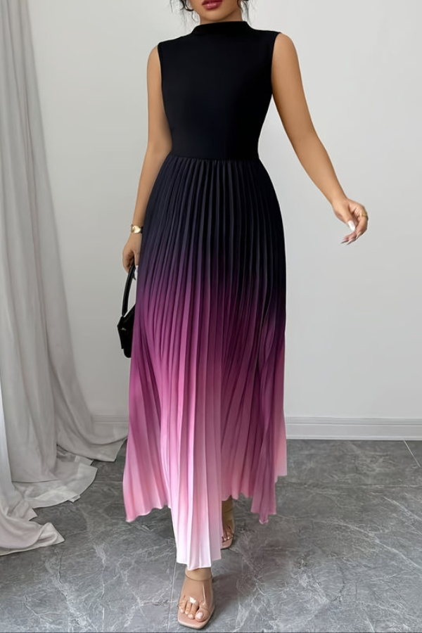 Unique ombre keyhole halter neck maxi dress for women, designed with elegant pleats for a stunning look.