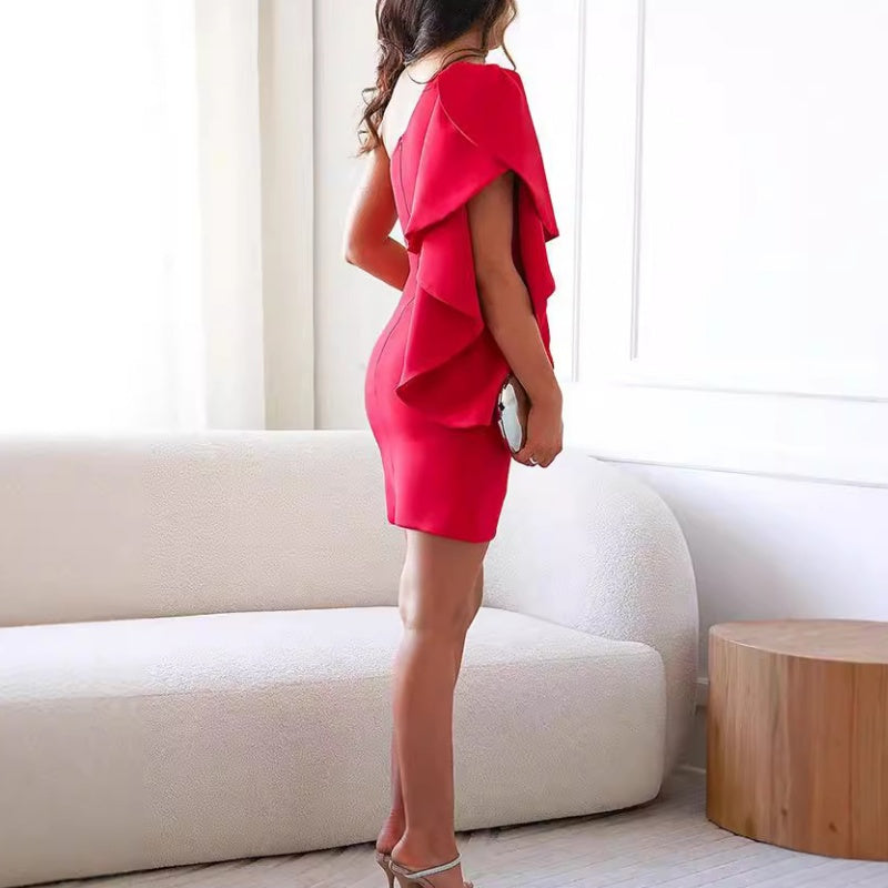 Khaki one shoulder bodycon mini dress for women, featuring a tiered ruffle sleeve and asymmetric hem.