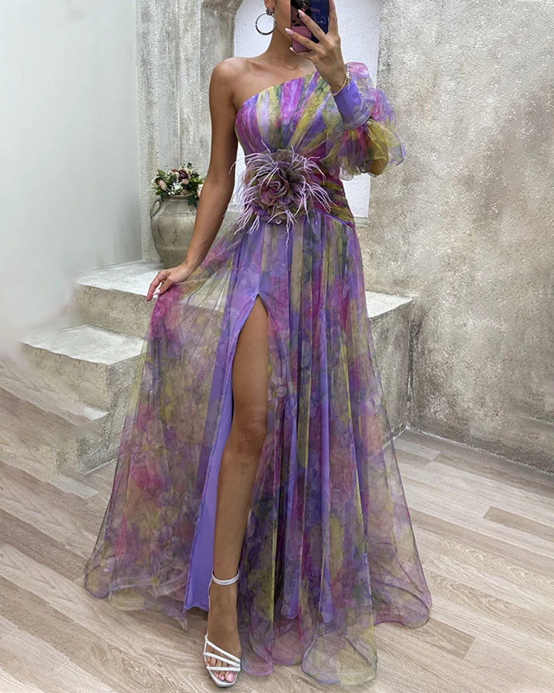 Chic one-shoulder floral maxi dress for women featuring a stylish high slit, ideal for spring & summer.