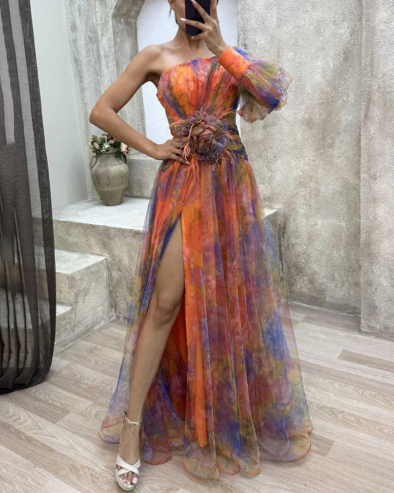 Fashionable women's one-shoulder floral print maxi dress, a statement piece for any elegant occasion.