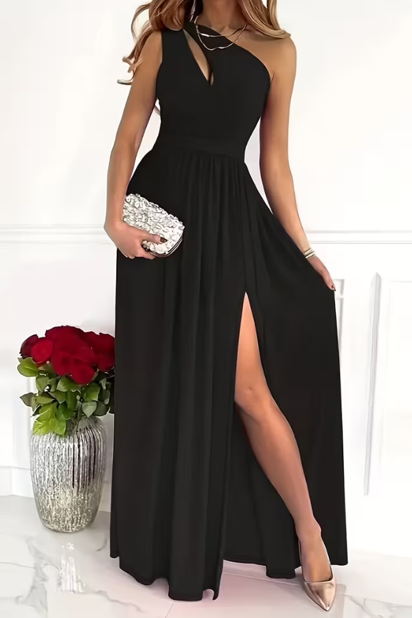 Elegant women's one-shoulder maxi dress, perfect for formal events & special occasions. Slim fit evening gown.