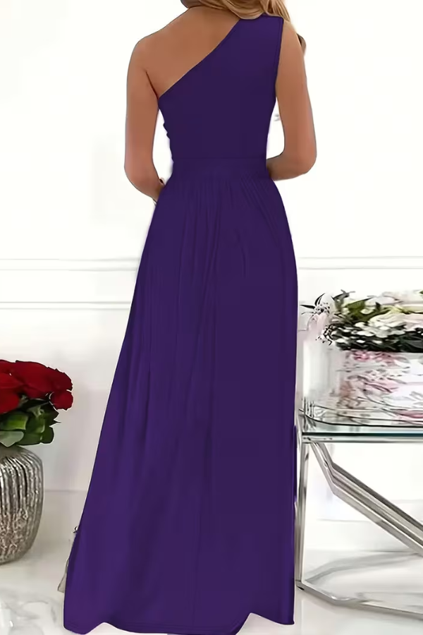 Front view of elegant women's one-shoulder maxi dress, showcasing its sophisticated design for special events.
