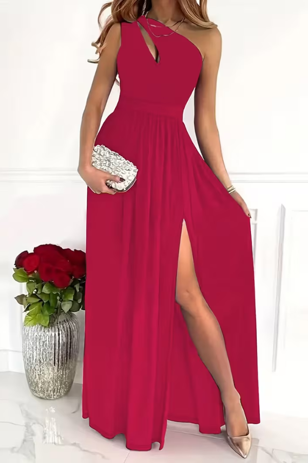 Side profile of a women's one-shoulder maxi dress, highlighting the elegant slim fit & flowing silhouette.