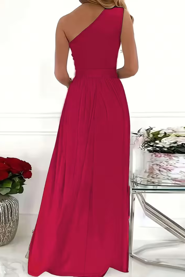 Women's one-shoulder evening gown with elegant drape, perfect for formal parties & special occasion wear.