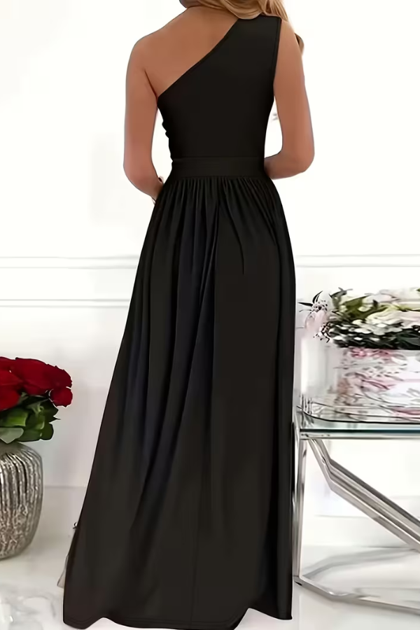 Sophisticated women's maxi dress with a stylish one-shoulder design, ideal for evening parties & cocktail events.