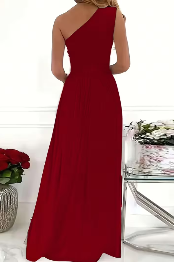 Beautiful women's elegant maxi dress, featuring a chic one-shoulder silhouette for an upscale party look.