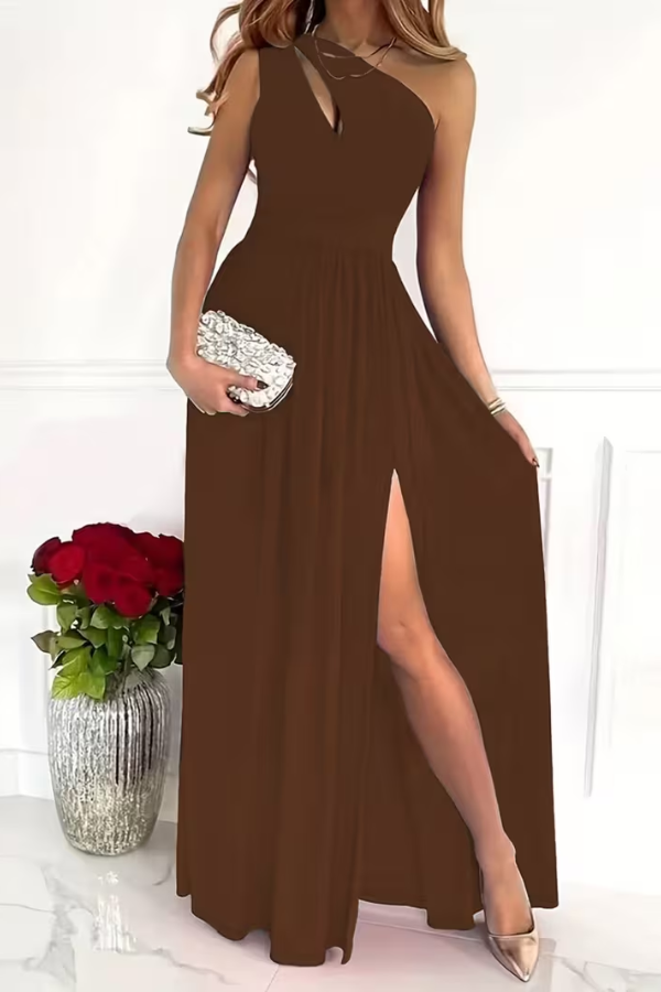 Luxurious women's evening dress, one-shoulder design for a sophisticated and glamorous special occasion outfit.