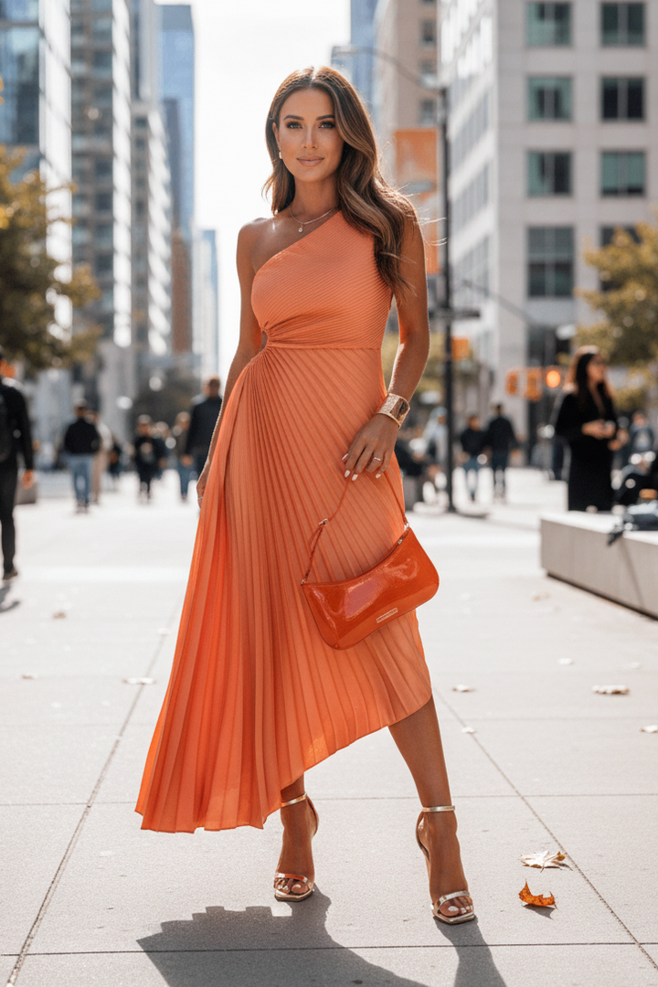 Graceful pink one-shoulder maxi dress, women's formal party gown, perfect for special evenings.