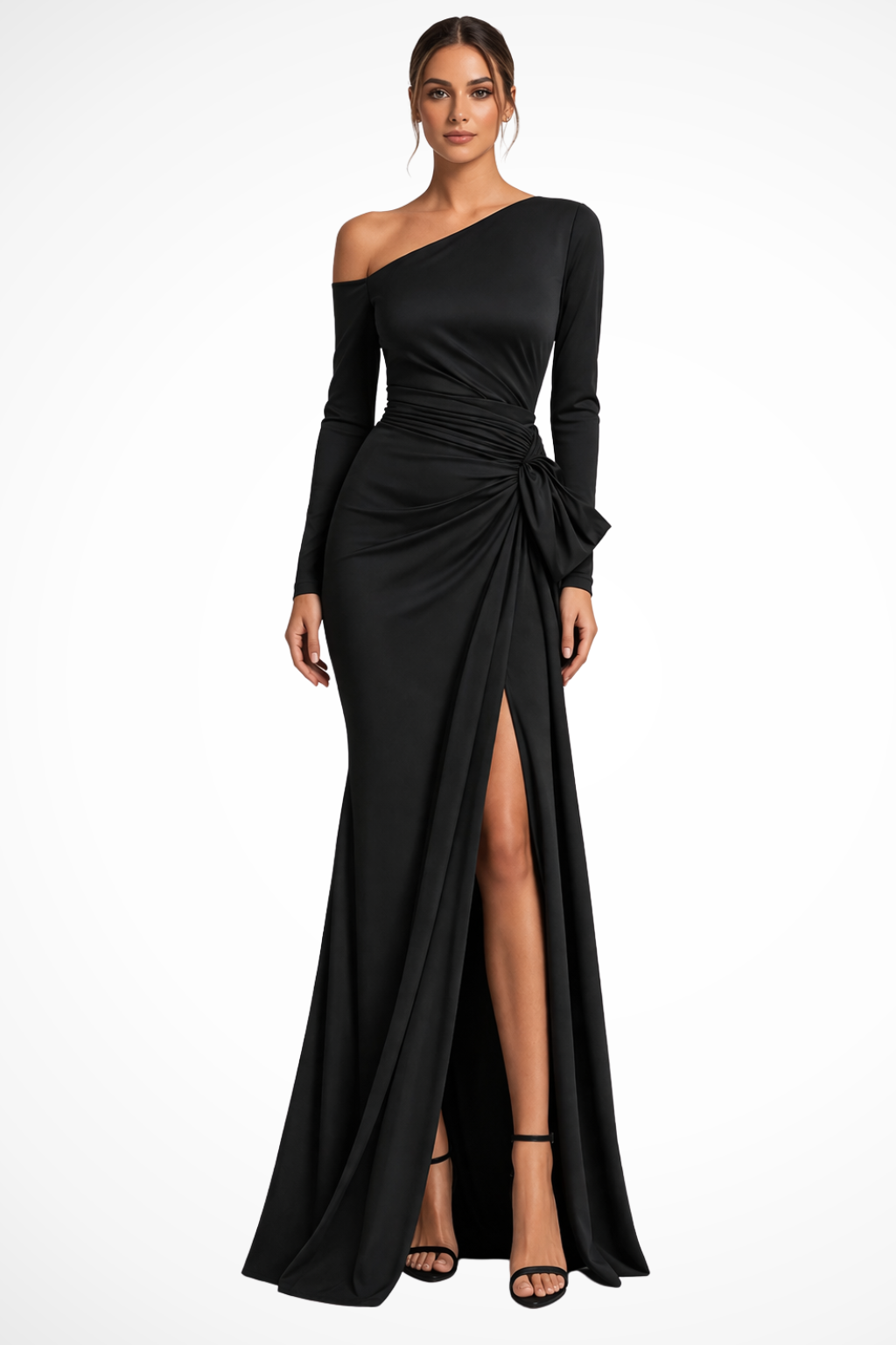 Elegant women's one shoulder maxi dress with long sleeves & high slit, perfect for evening events or as a wedding guest.