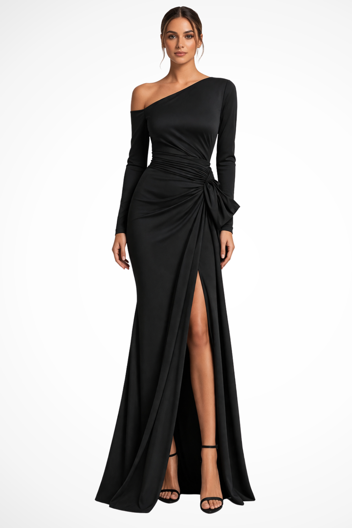 Elegant women's one shoulder maxi dress with long sleeves & high slit, perfect for evening events or as a wedding guest.