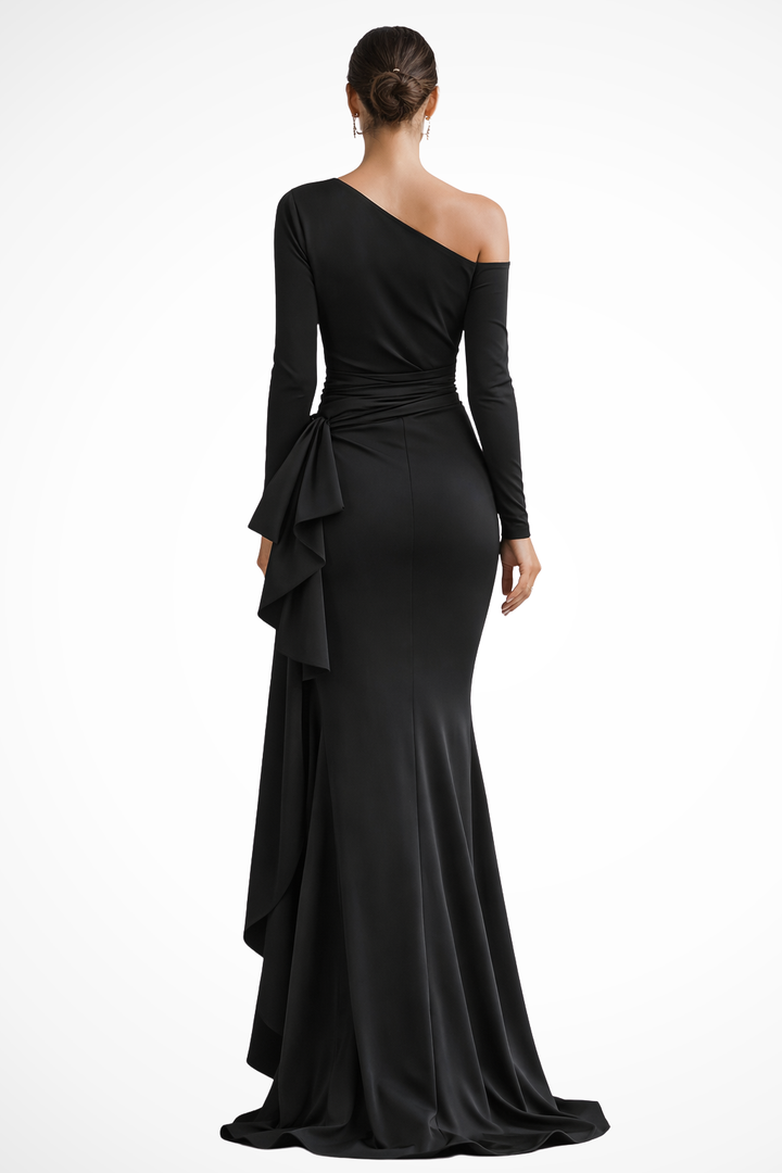 Chic bodycon one shoulder maxi gown for women, featuring a long sleeve and stylish thigh-high slit. Ideal for parties.