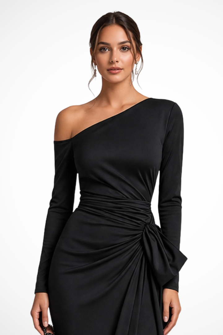 Sophisticated women's long sleeve one shoulder evening gown with a slit, suitable for formal events & special occasions.