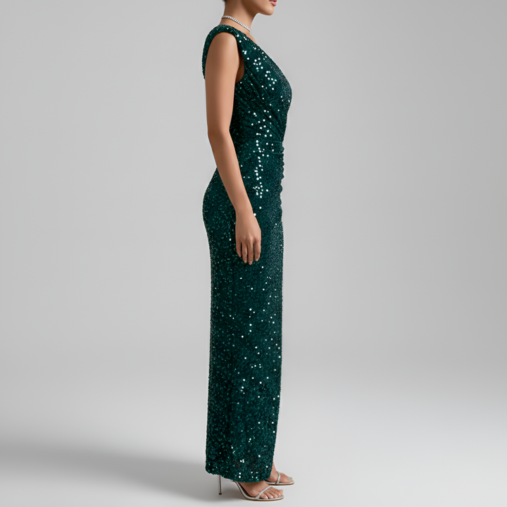 Fashionable women's one shoulder maxi dress, an elegant long dress featuring a tasteful side slit.