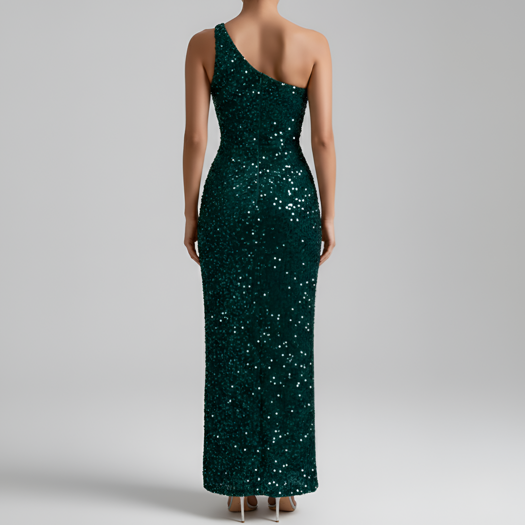 Sophisticated women's one shoulder maxi dress with an alluring side slit, perfect for formal events.