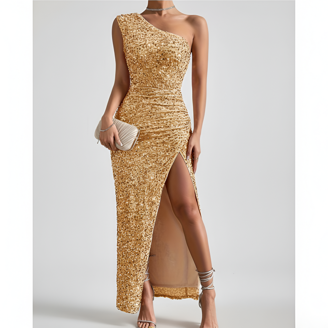Classy women's evening dress, one shoulder maxi style with an elegant side slit.